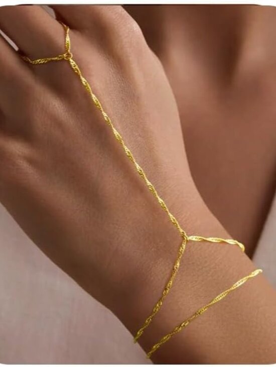 Dainty 14K Gold Plated Hand Chain Wave Link Bracelet Women Layered Ring Jewelry - Picture 1 of 7